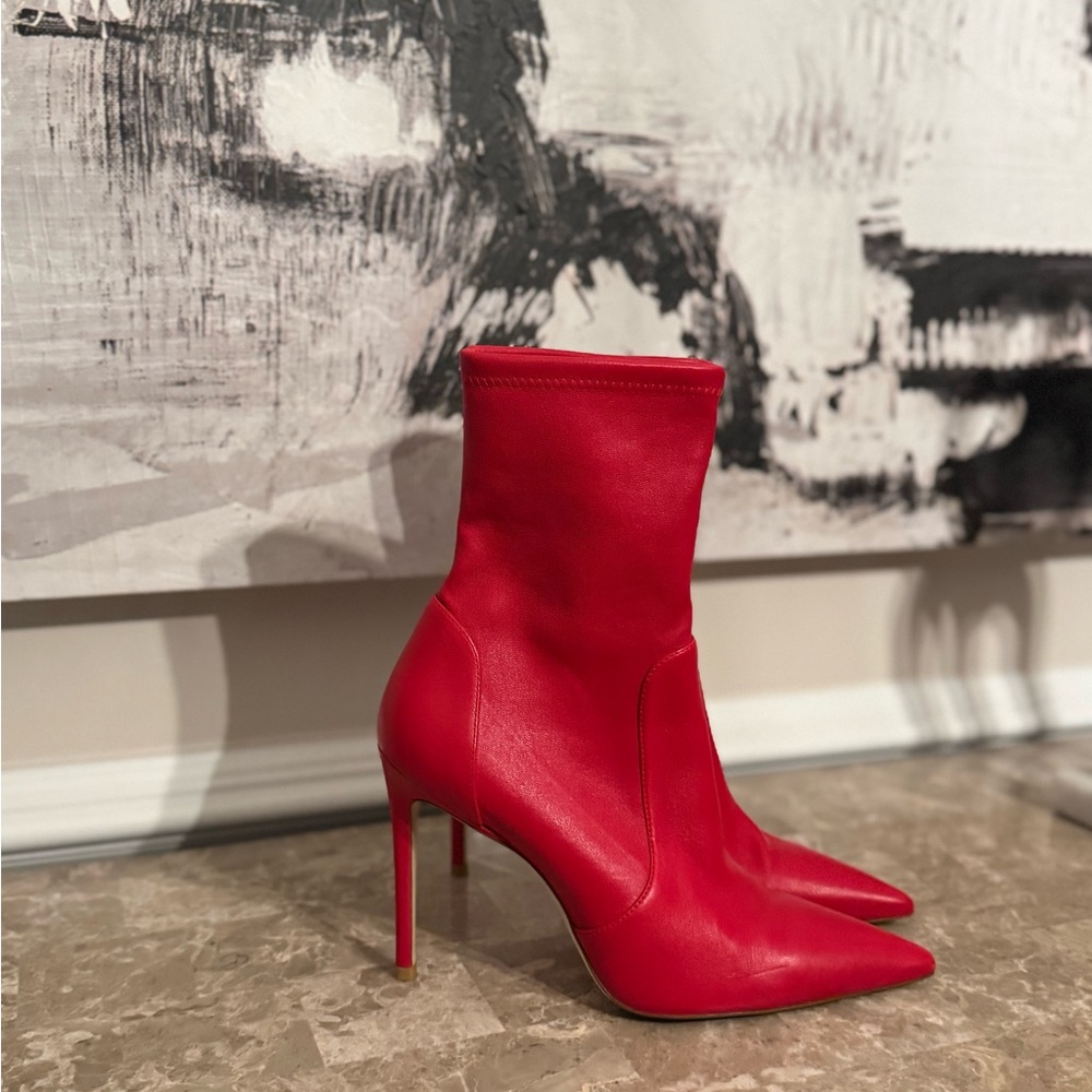 Stuart Weitzman Red Leather Pointed Toe Sock Boots | Size 9 | Made in Spain